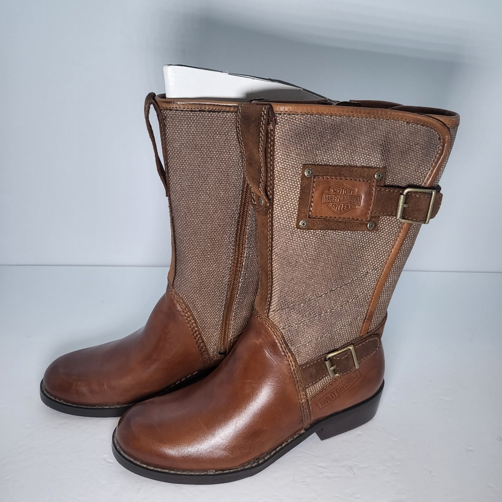 Harley Davidson Womens Size 6 Heatherton Biker Boots Brown Leather/Canvas Zip